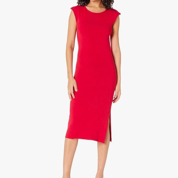 The Drop Women's Laila Power-Shoulder Twist Back Midi Santana Knit Dress Red L - Picture 2 of 6